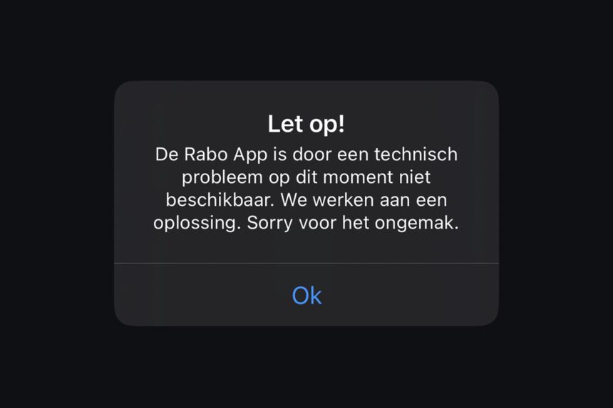 Screenshot van storingsmelding Rabobank app