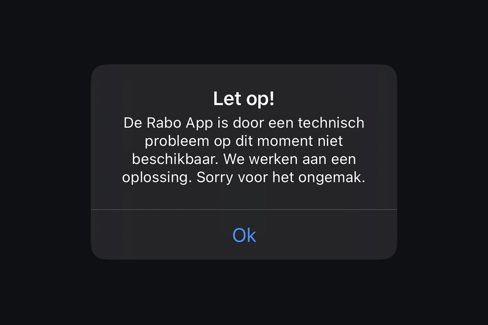 Screenshot van storingsmelding Rabobank app